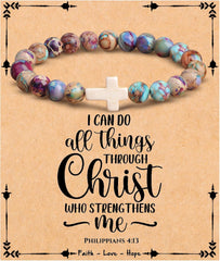 JoycuFF , Cross Bracelets for Women, Faith Religious Easter Catholic Christian Jewelry, Meaningful Baptism Communion Confirmation Natural Stone Bracelets for Women