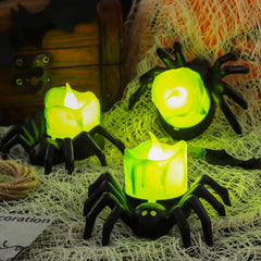 6 PCS Halloween Spider Tea Lights Decoration, Halloween Flameless LED Candle Holder Lights Battery Operated for Halloween Party Table Home Spooky Decor (Green)
