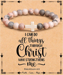 JoycuFF , Cross Bracelets for Women, Faith Religious Easter Catholic Christian Jewelry, Meaningful Baptism Communion Confirmation Natural Stone Bracelets for Women