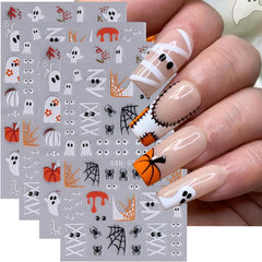 Halloween Nail Art Stickers Decals 3D Cute Ghost Black Cat Halloween Nail Stickers 4PCS Pumpkin Spider Web Skeleton Flower 3D Embossed Nail Decals Manicure Sliders for Women Nail Art Decorations