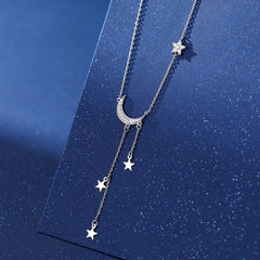 Moon Y Necklace for Women Silver Star Pendant Dainty Rhinestone Cute Long Necklace Jewelry Gift