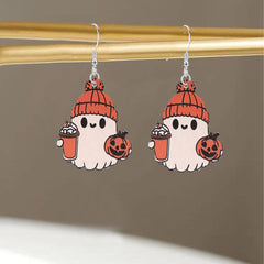 GBAHFY Thanksgiving Wooden Coffee Cup Earrings Halloween Cute Ghost Pumpkin Dangle Earrings for Women Festive Party Jewelry