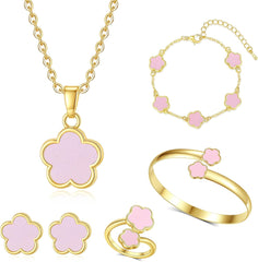 Clover Jewelry Set for Women Non Tarnish Gold-Tone Five Leaf Clover Necklace, Earrings, Ring, Bracelet Fashion Simple Floral Jewelry Set
