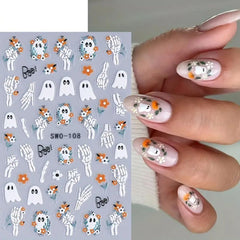 Halloween Nail Art Stickers Decals 3D Cute Ghost Black Cat Halloween Nail Stickers 4PCS Pumpkin Spider Web Skeleton Flower 3D Embossed Nail Decals Manicure Sliders for Women Nail Art Decorations
