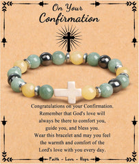 JoycuFF , Cross Bracelets for Women, Faith Religious Easter Catholic Christian Jewelry, Meaningful Baptism Communion Confirmation Natural Stone Bracelets for Women