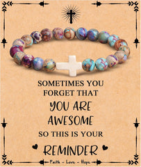 JoycuFF , Cross Bracelets for Women, Faith Religious Easter Catholic Christian Jewelry, Meaningful Baptism Communion Confirmation Natural Stone Bracelets for Women