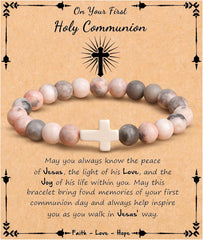 JoycuFF , Cross Bracelets for Women, Faith Religious Easter Catholic Christian Jewelry, Meaningful Baptism Communion Confirmation Natural Stone Bracelets for Women