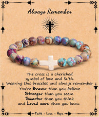 JoycuFF , Cross Bracelets for Women, Faith Religious Easter Catholic Christian Jewelry, Meaningful Baptism Communion Confirmation Natural Stone Bracelets for Women