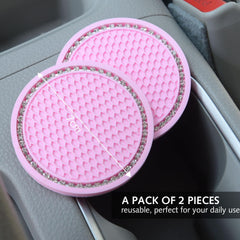 2 Pack PVC Car Coasters, Car Cup Holder Auto Insert Coaster - Car Accessories Sparkly Crystal Cup Mats Anti Slip Universal Vehicle Interior Girly for Girls, Women (Pink)