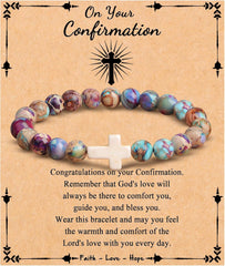 JoycuFF , Cross Bracelets for Women, Faith Religious Easter Catholic Christian Jewelry, Meaningful Baptism Communion Confirmation Natural Stone Bracelets for Women