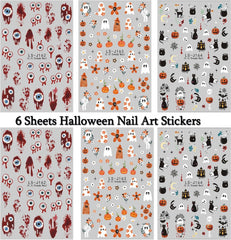 6 Sheets Halloween Nail Art Stickers Decals Cute Orange Flowers Ghost Black Cats Nail Stickers Horror Blood Eyeball Nail Design Adhesive Sliders Halloween Nail Art Supplies for Women DIY Manicure