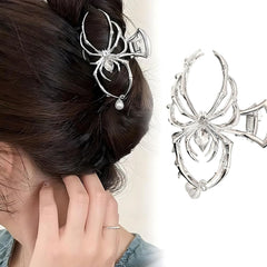 Halloween Spider Hair Clips for Women Girls, Silver Gothic Metal Hair Claw Clips With Faux Pearl Tassel - Halloween Hair Accessories Y2K Styling