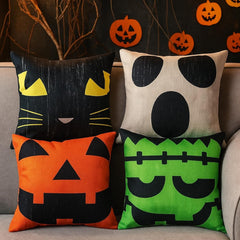 Tegeme 4 Pcs Halloween Pillow Covers 18x18 Inch Ghost Black Cat Monster Pumpkin Funny Pillow Covers Farmhouse Rustic Burlap Pillowcase Halloween Linen Cushion Case for Sofa Couch Home Indoor