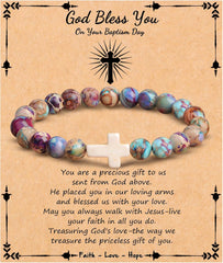 JoycuFF , Cross Bracelets for Women, Faith Religious Easter Catholic Christian Jewelry, Meaningful Baptism Communion Confirmation Natural Stone Bracelets for Women