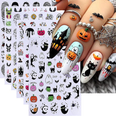 6 Sheets Halloween Nail Art Stickers Decals Cute Orange Flowers Ghost Black Cats Nail Stickers Horror Blood Eyeball Nail Design Adhesive Sliders Halloween Nail Art Supplies for Women DIY Manicure