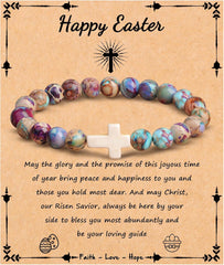 JoycuFF , Cross Bracelets for Women, Faith Religious Easter Catholic Christian Jewelry, Meaningful Baptism Communion Confirmation Natural Stone Bracelets for Women