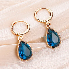 Fashion Gold Plated Colorful Rhinestone Birthstone Teardrop Shaped Dangle Earring Hoop Earrings for Women