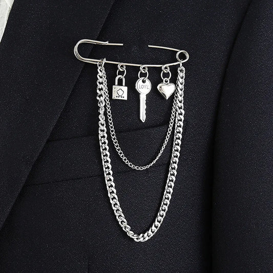 Hip Hop Big Pin Men's Trend Fashion Chain Chest Brooch Silver Plated Wedding Engagement Plating Internet Celebrity Exaggerated