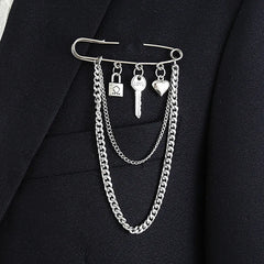 Hip Hop Big Pin Men's Trend Fashion Chain Chest Brooch Silver Plated Wedding Engagement Plating Internet Celebrity Exaggerated