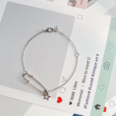 Safety Pin Bracelet Fashionable tone star charm unique (silver)