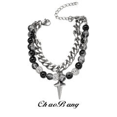 Xingmang Ice Crack Titanium Steel Double-layer Beaded Bracelet Fashion Trend Advanced Sense Niche Personality Design Gift Accessories Women