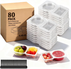 Reusable Snack Containers with Lids, Plastic Transparent 2-Compartment Condiment Containers with Lid for Salad Dressing, Snack, Sauce Dipping Portion Control Deli Food Containers Local Stock