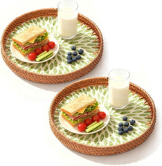 Round Rattan Tray with Mother of Pearl Inlay, Decorative Wicker Serving Tray with Wooden Base, Rattan Serving Tray for Coffee, Bread, Fruits - Kitchen Counter & Table Decor (Green Leaf)