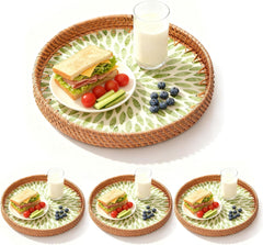 Round Rattan Tray with Mother of Pearl Inlay, Decorative Wicker Serving Tray with Wooden Base, Rattan Serving Tray for Coffee, Bread, Fruits - Kitchen Counter & Table Decor (Green Leaf)