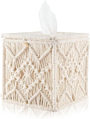 Tissue Box Cover, Square Tissue Box Holder Boho Decor Tissue Organizer, Bohemian Handmade Woven Tissue Cube Box for Bathroom Living Room Kitchen, Send Goods from Local Warehouse