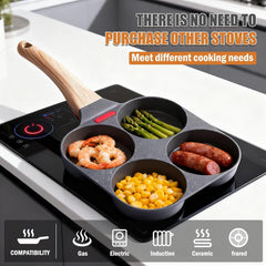 Egg Pan Nonstick, 4 Holes Egg Frying Pan with Silicone Small Scraper & Oil Brush, Versatile Breakfast Skillet, Suitable For Gas Stove And Induction Cookware, Pancake, Breakfast, Omelette Pan