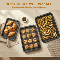 Baking Sheet Pan Set of 3, Nonstick Rectangle Cake Baking Sheet for Oven, Small, Medium & Large Baking Sheet Pans, Baking Pan for Cake Brownie Cookie, Rust & Warp Resistant, Easy Clean