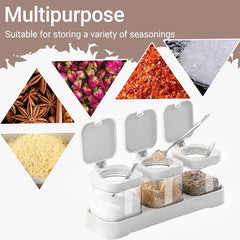 CLIPORE Glass Condiment Canisters for Salt, Sugar and Spices, Set of 3 Square Seasoning Jars with Lids and Spoons, Kitchen Storage Set, Send Goods from Local Warehouse