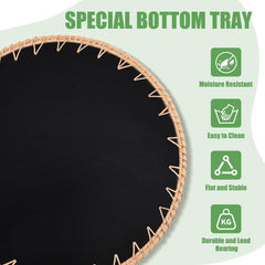 Round Rattan Tray with Mother of Pearl Inlay, Decorative Wicker Serving Tray with Wooden Base, Rattan Serving Tray for Coffee, Bread, Fruits - Kitchen Counter & Table Decor (Green Leaf)