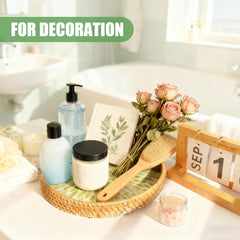 Round Rattan Tray with Mother of Pearl Inlay, Decorative Wicker Serving Tray with Wooden Base, Rattan Serving Tray for Coffee, Bread, Fruits - Kitchen Counter & Table Decor (Green Leaf)