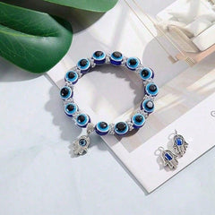 Handmade Retro Simple Volcanic Stone Palm Eye White Turquoise Elastic Beaded Bracelet