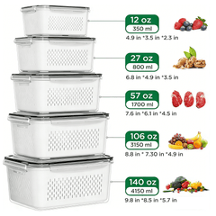 5 Pcs Fruit Storage Containers for Fridge with Removable Colanders, Leakproof Produce Containers with Lids for Salad Berry Lettuce Vegetables Meat Fresh longer