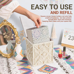 Tissue Box Cover, Square Tissue Box Holder Boho Decor Tissue Organizer, Bohemian Handmade Woven Tissue Cube Box for Bathroom Living Room Kitchen, Send Goods from Local Warehouse
