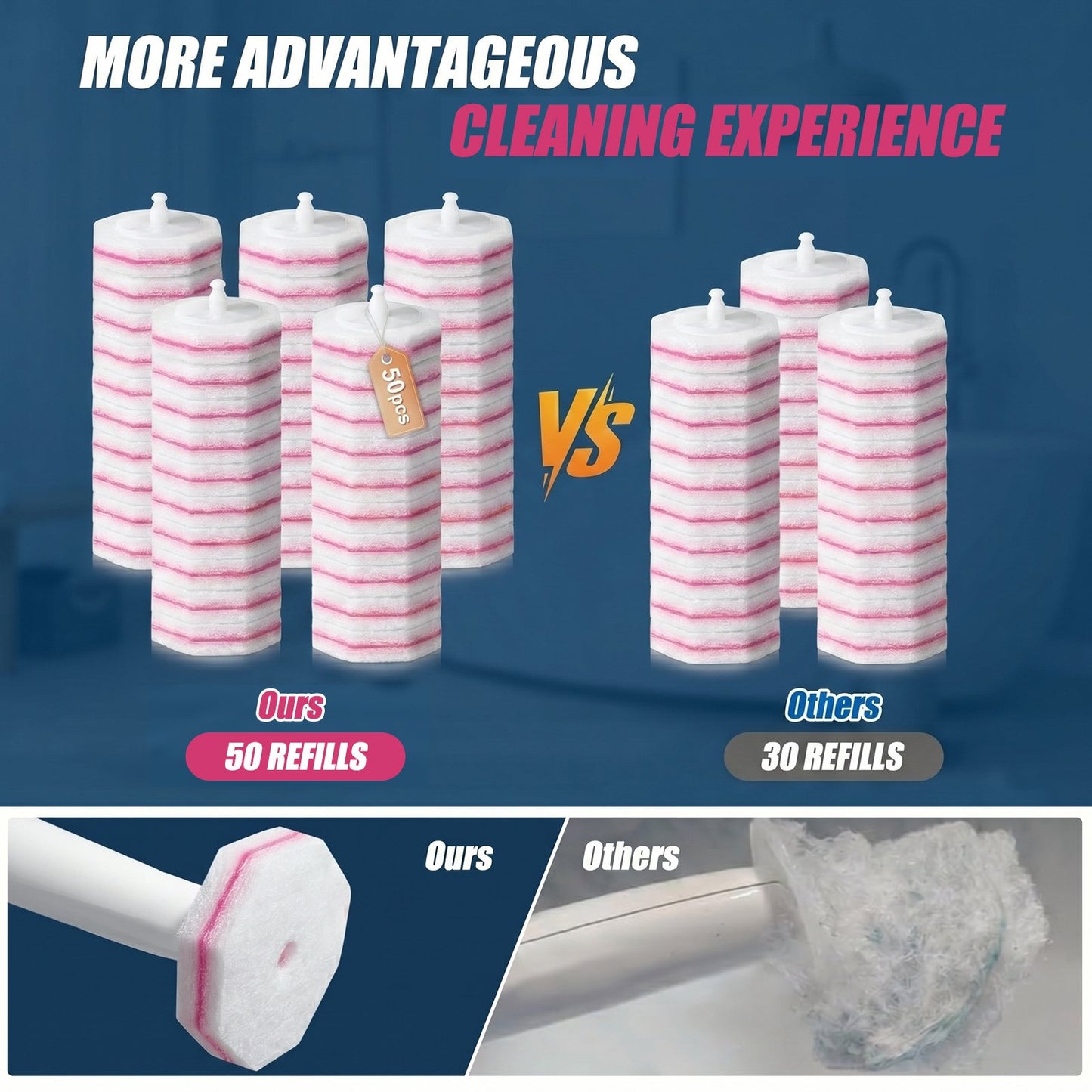 50PCS Toilet Bowl Wand Refills，3-Layer Bathroom Cleaning, Easy Snap-On Toilet Cleaning，Disposable Toilet Cleaner Filling Pad，Cherry Blossom Fragrance