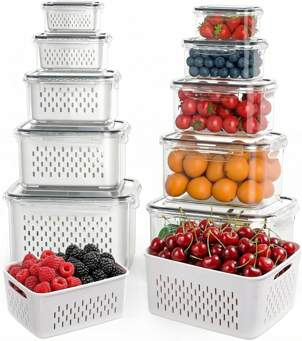 10 Pcs Fruit Storage Containers for Fridge with Removable Colanders, Leakproof Produce Containers with Lids for Salad Berry Lettuce Vegetables Meat Fresh longer