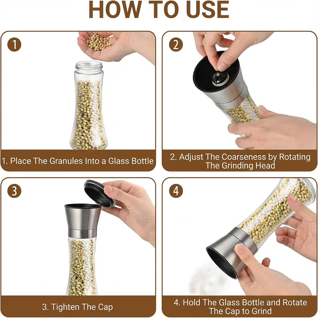 Stainless Steel Salt & Pepper Mill Set 2 Pack, Glass Body Refillable Grinder, Adjustable Coarseness for Sea Salt & Pepper