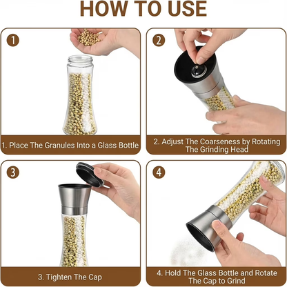 Stainless Steel Salt & Pepper Mill Set 2 Pack, Glass Body Refillable Grinder, Adjustable Coarseness for Sea Salt & Pepper