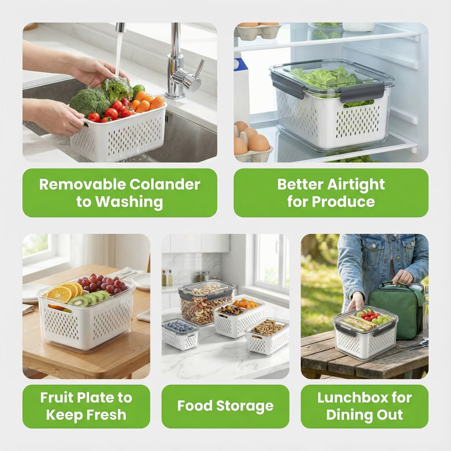 5 Pcs Fruit Storage Containers for Fridge with Removable Colanders, Leakproof Produce Containers with Lids for Salad Berry Lettuce Vegetables Meat Fresh longer