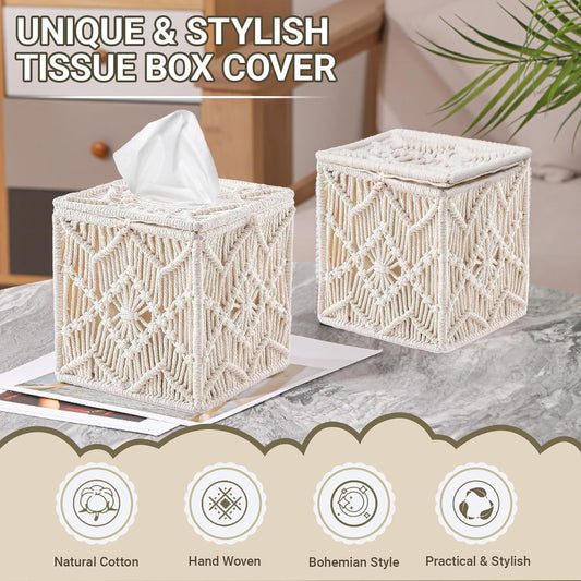 Tissue Box Cover, Square Tissue Box Holder Boho Decor Tissue Organizer, Bohemian Handmade Woven Tissue Cube Box for Bathroom Living Room Kitchen, Send Goods from Local Warehouse