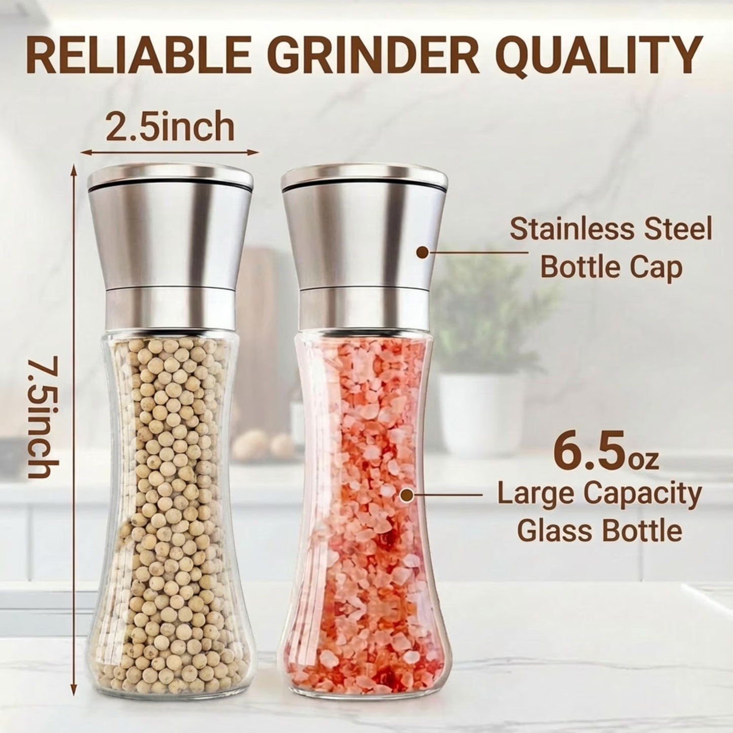 Stainless Steel Salt & Pepper Mill Set 2 Pack, Glass Body Refillable Grinder, Adjustable Coarseness for Sea Salt & Pepper