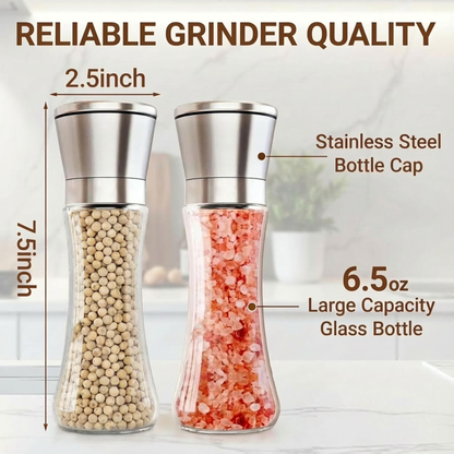 Stainless Steel Salt & Pepper Mill Set 2 Pack, Glass Body Refillable Grinder, Adjustable Coarseness for Sea Salt & Pepper