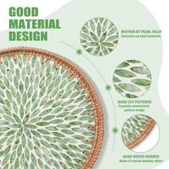 Round Rattan Tray with Mother of Pearl Inlay, Decorative Wicker Serving Tray with Wooden Base, Rattan Serving Tray for Coffee, Bread, Fruits - Kitchen Counter & Table Decor (Green Leaf)