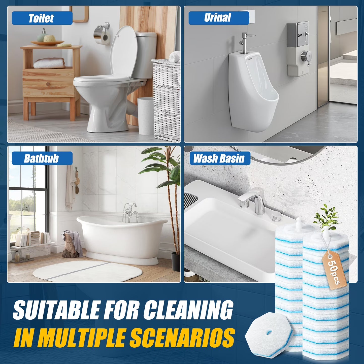 50PC Toilet Bowl Wand Refills, Replacement Heads for Bathroom Washroom Cleaning Pads, Disposable Toilet Brush Refills