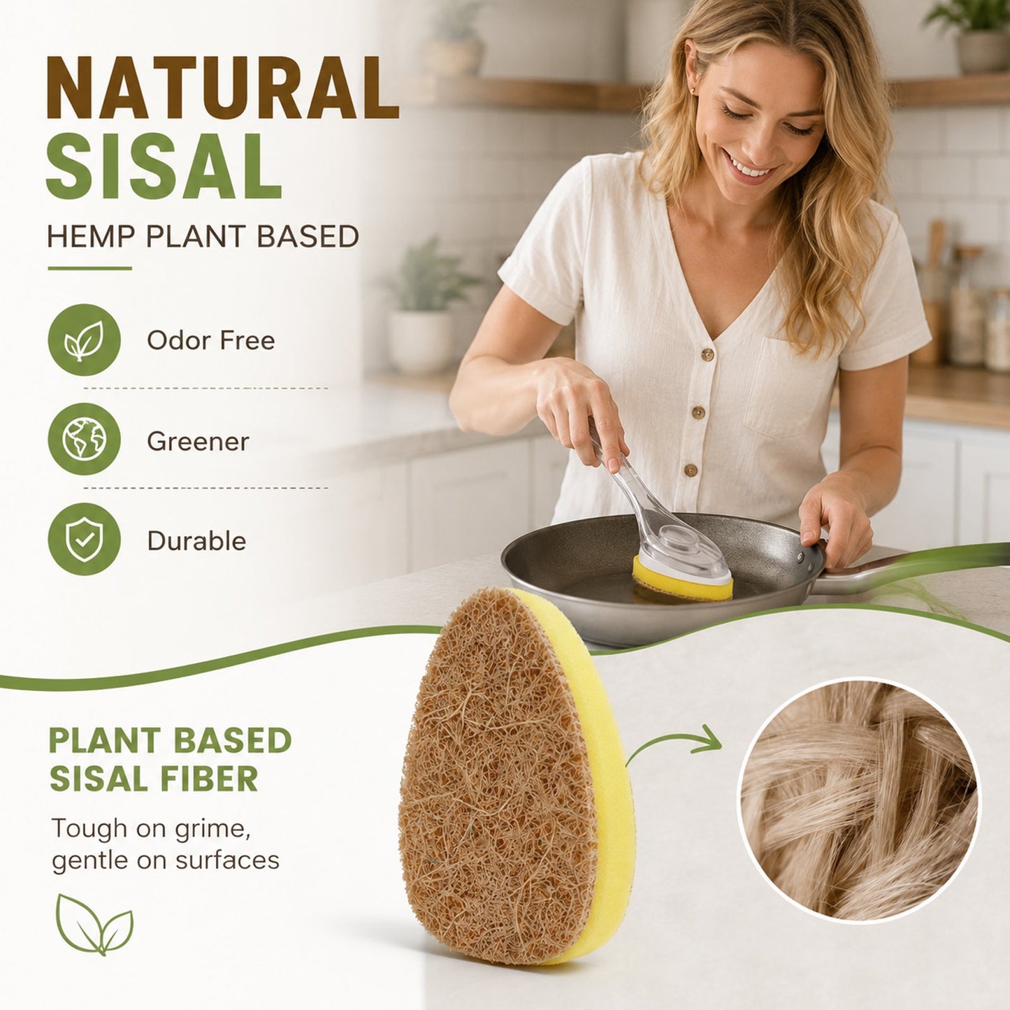 12PCS Natural Dish Wand Sponge Refills, Sisal Hemp Dishwand Refills, Non Scratch Dish Sponge Replacement Heads for Kitchen Sink, Dishes, Pots and Pans
