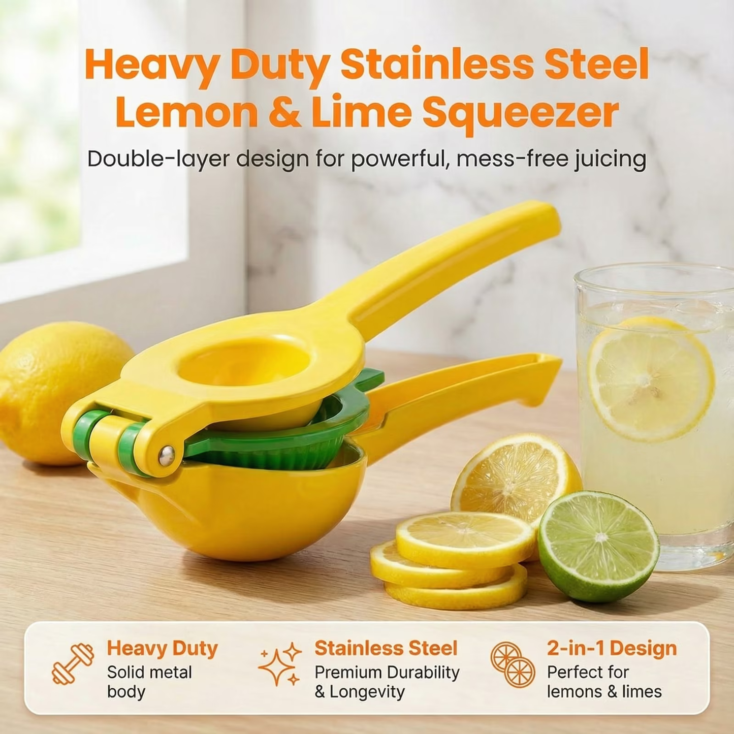 2-in-1 Lemon & Lime Squeezer Manual Citrus Juicer, Heavy Duty Hand Press for Home Kitchen & Bar Cocktails (1 Pack), Yellow/Green