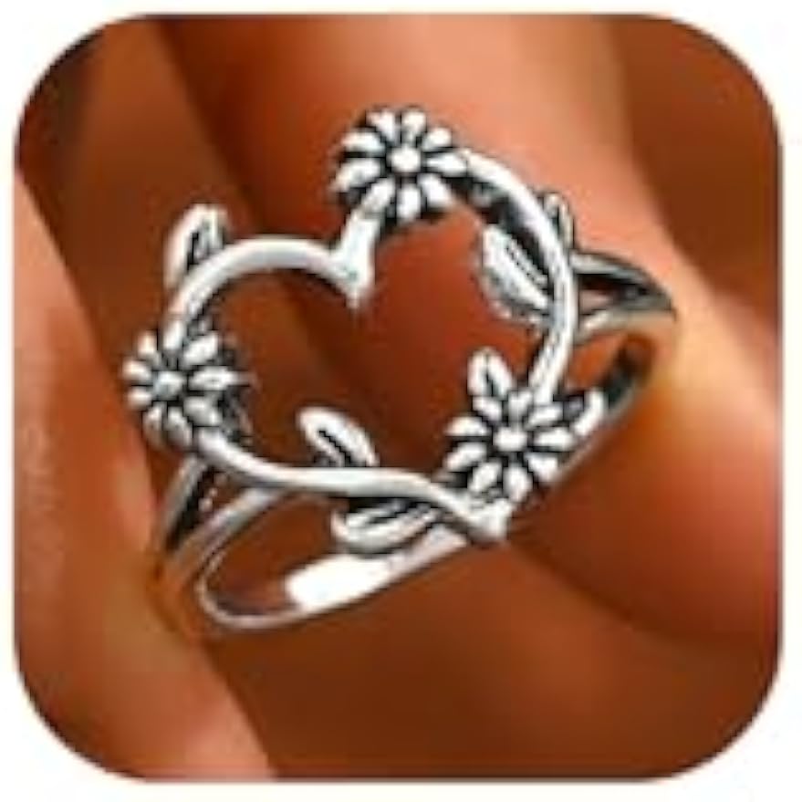 Heart Ring Statement Silver Boho Fashion Western Vintage Rings Christmas Accessories Jewelry for Women Birthday Gifts Stocking Stuffers